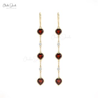 Heart Dangle Earring In 14k Yellow Gold Red Garnet And Diamond Ear Wire Wedding Earrings