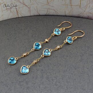 Genuine Swiss Blue Topaz 14k Solid Yellow Gold Diamond Earrings 6mm Heart Cut Gemstone Antique Art Deco Earrings For Her