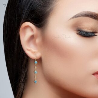 Genuine Swiss Blue Topaz 14k Solid Yellow Gold Diamond Earrings 6mm Heart Cut Gemstone Antique Art Deco Earrings For Her