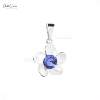 Flower Solitaire Pendant In 14k White Gold Tanzanite 0.50 Ct Round Cut Daisy Necklace