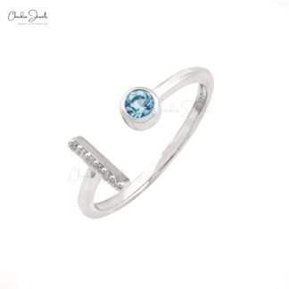 Solid 14k White Gold Adjustable Ring In 3mm Aquamarine And Diamond Open Cuff Women Ring