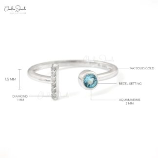 Solid 14k White Gold Adjustable Ring In 3mm Aquamarine And Diamond Open Cuff Women Ring