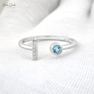 Solid 14k White Gold Adjustable Ring In 3mm Aquamarine And Diamond Open Cuff Women Ring