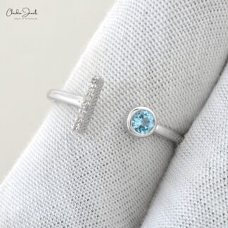 Solid 14k White Gold Adjustable Ring In 3mm Aquamarine And Diamond Open Cuff Women Ring