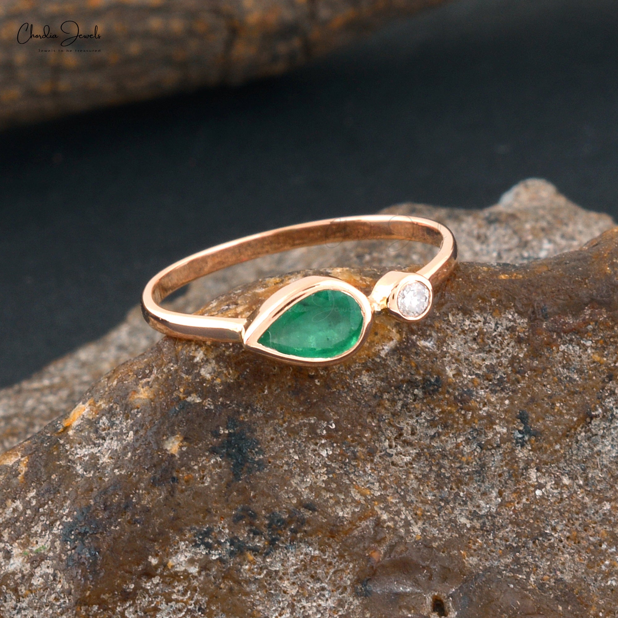 Two Stone Bezel Set 14k Rose Gold With Emerald & Diamond Wedding Rings For Women