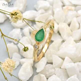 Genuine Emerald & Diamond 2-Stone Ring In Solid 14k Yellow Gold
