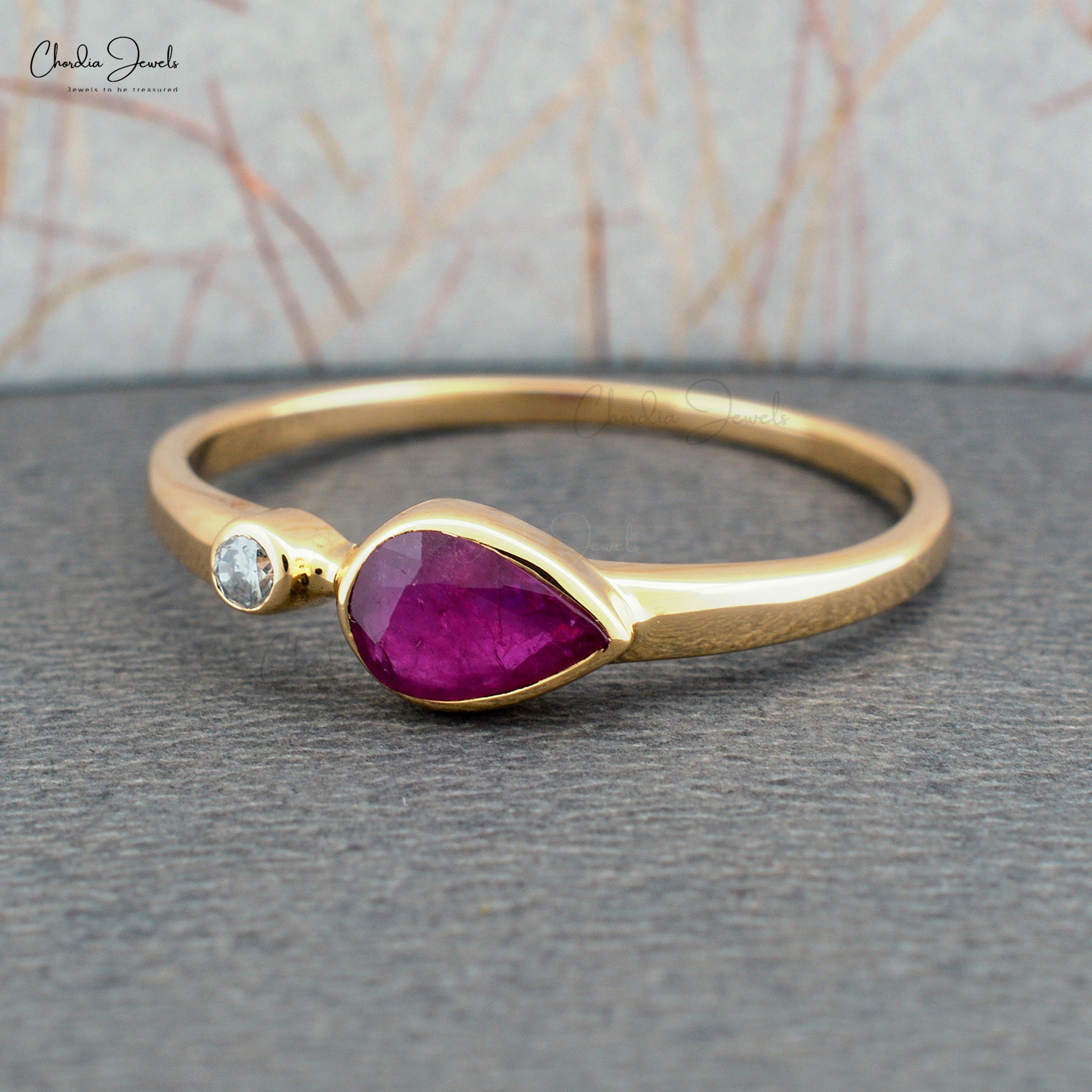 Two Stone Stackable Band With 6x4mm Ruby And Diamond Accents in 14k Yellow Gold Ring