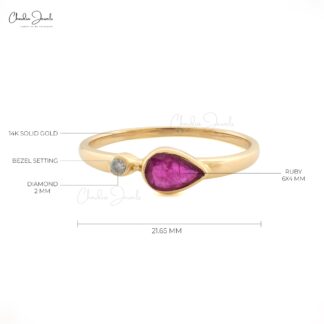 Two Stone Stackable Band With 6x4mm Ruby And Diamond Accents in 14k Yellow Gold Ring