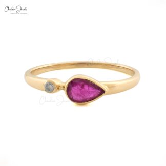 Two Stone Stackable Band With 6x4mm Ruby And Diamond Accents in 14k Yellow Gold Ring