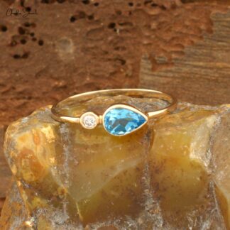 Dual Stone Wedding Rings With 6x4mm Swiss Blue Topaz And Diamond 14k Yellow Gold Ring