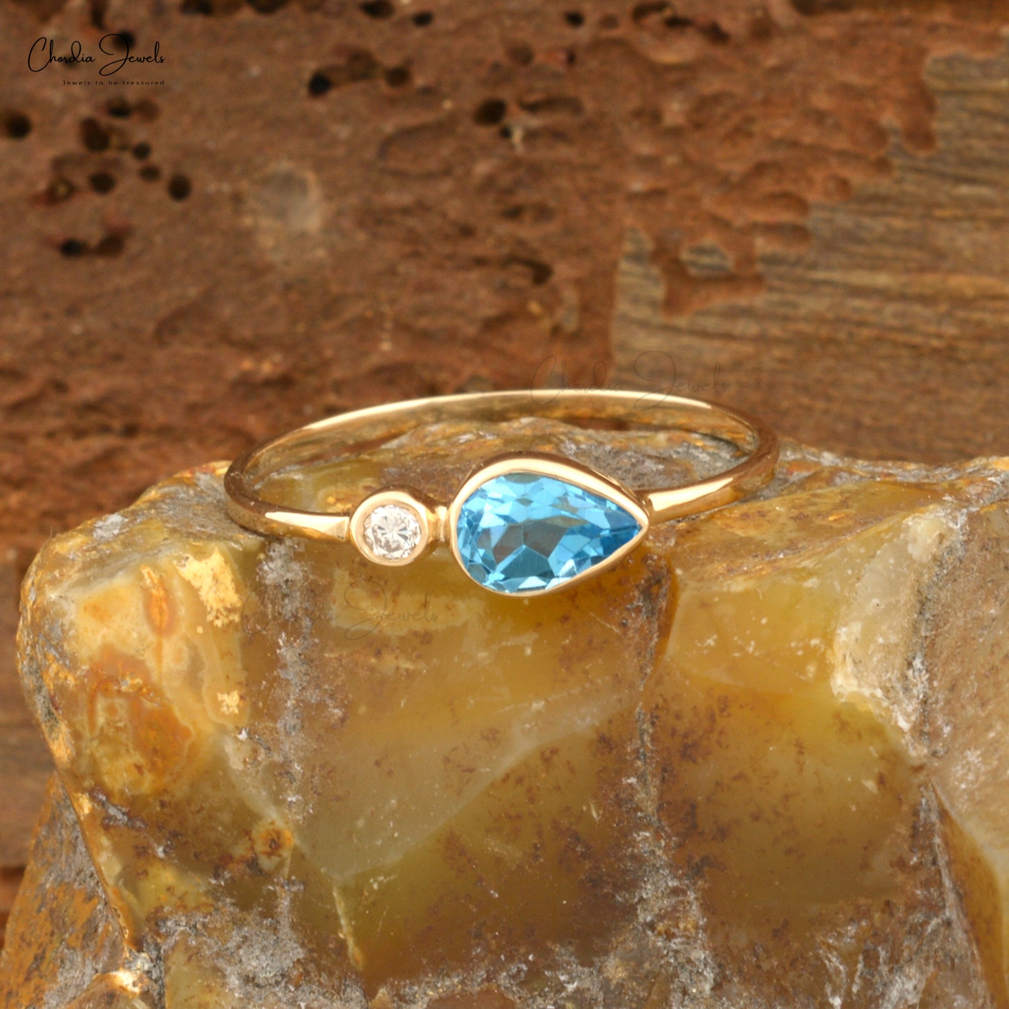 Dual Stone Wedding Rings With 6x4mm Swiss Blue Topaz And Diamond 14k Yellow Gold Ring