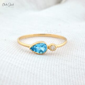 Dual Stone Wedding Rings With 6x4mm Swiss Blue Topaz And Diamond 14k Yellow Gold Ring