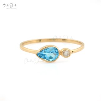 Dual Stone Wedding Rings With 6x4mm Swiss Blue Topaz And Diamond 14k Yellow Gold Ring