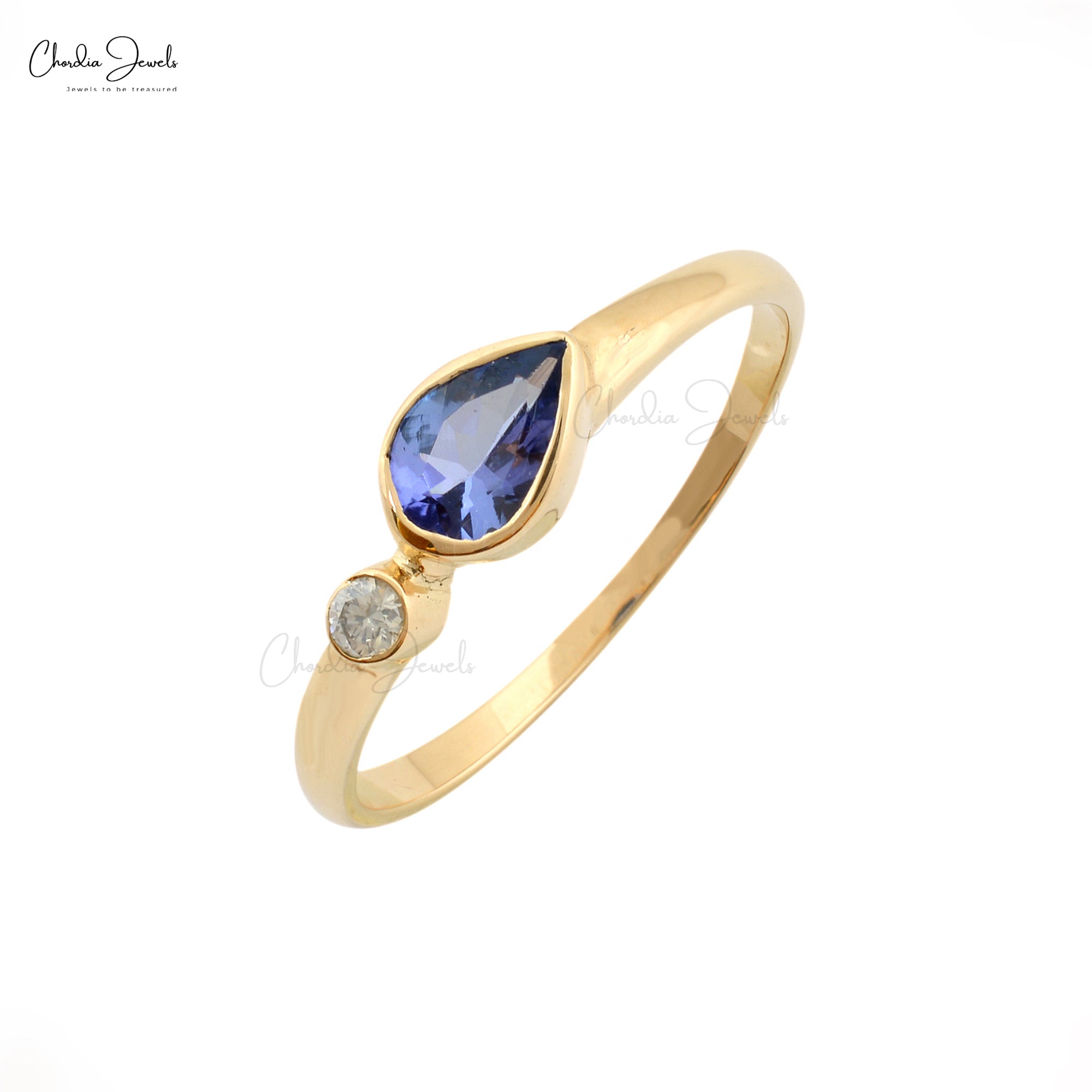 Gemstone Bezel Set Ring In 14k Solid Yellow Gold Tanzanite And Diamond 2 Stone Rings