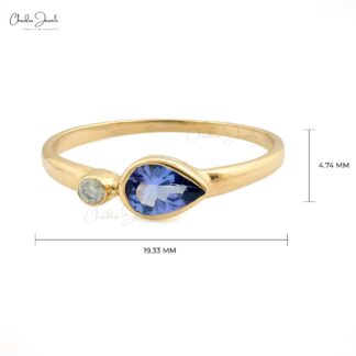 Gemstone Bezel Set Ring In 14k Solid Yellow Gold Tanzanite And Diamond 2 Stone Rings