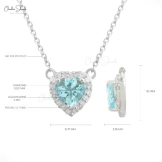 Genuine Aquamarine & Diamond Halo 14k White Gold Heart Necklace
