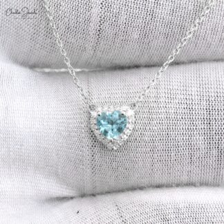 Genuine Aquamarine & Diamond Halo 14k White Gold Heart Necklace