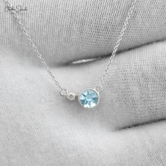 Dual Stone Bezel Set Necklace In 14k Solid White Gold Genuine Aquamarine & Diamond Necklace For Bridal