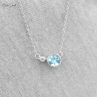 Dual Stone Bezel Set Necklace In 14k Solid White Gold Genuine Aquamarine & Diamond Necklace For Bridal