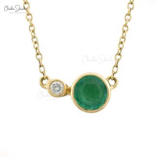 Pure 14k Yellow Gold Bezel Set Necklace With 5mm Emerald Diamond Fine Jewelry For Her