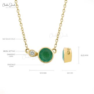 Pure 14k Yellow Gold Bezel Set Necklace With 5mm Emerald Diamond Fine Jewelry For Her