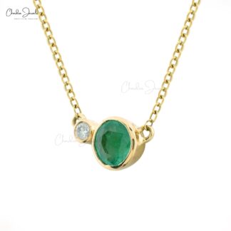 Pure 14k Yellow Gold Bezel Set Necklace With 5mm Emerald Diamond Fine Jewelry For Her