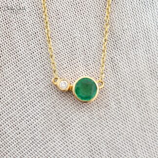 Pure 14k Yellow Gold Bezel Set Necklace With 5mm Emerald Diamond Fine Jewelry For Her