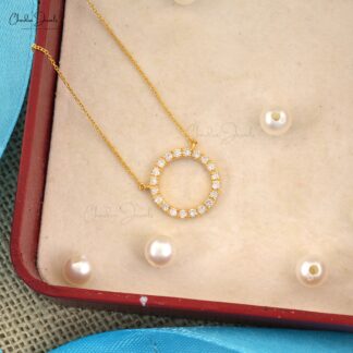 Pure 14k Yellow Gold Open Necklace With 2mm White Diamond Pave Set Women Necklace