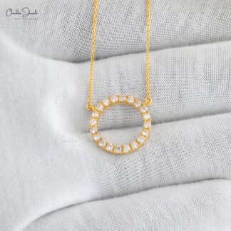 Pure 14k Yellow Gold Open Necklace With 2mm White Diamond Pave Set Women Necklace