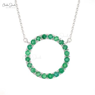 Delicate Circle Thin Chain Necklace in 14k White Gold Emerald 0.6 Ct Gemstone Necklace