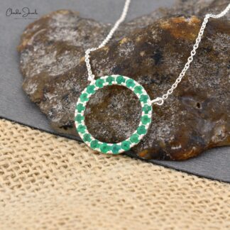 Delicate Circle Thin Chain Necklace in 14k White Gold Emerald 0.6 Ct Gemstone Necklace