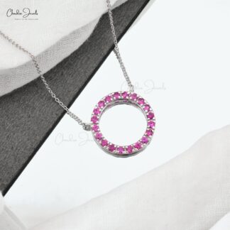Authentic Pink Sapphire Round Beaded Necklace Pendant For Girls 14k Real White Gold Light Weight Jewelry Wedding Gift
