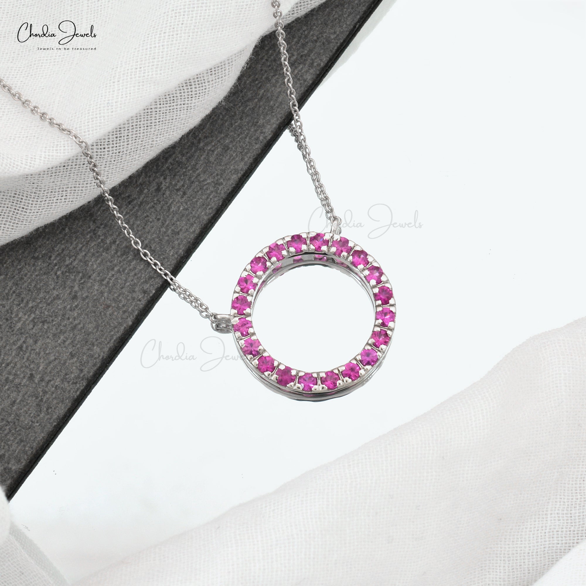 Authentic Pink Sapphire Round Beaded Necklace Pendant For Girls 14k Real White Gold Light Weight Jewelry Wedding Gift