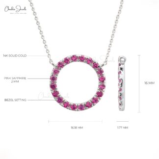 Authentic Pink Sapphire Round Beaded Necklace Pendant For Girls 14k Real White Gold Light Weight Jewelry Wedding Gift