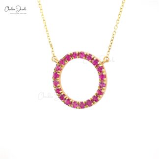 Solid 14k Yellow Gold Genuine Ruby Circle Charm Necklace For Wedding