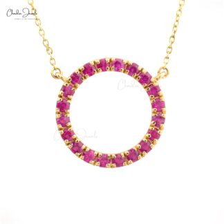 Solid 14k Yellow Gold Genuine Ruby Circle Charm Necklace For Wedding