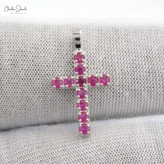 Birthstone Cross Locket With 2mm Burma Ruby Pave Set in 14k White Gold Jesus Pendant