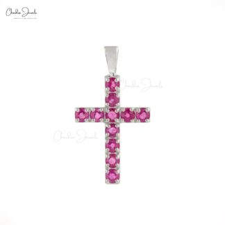 Birthstone Cross Locket With 2mm Burma Ruby Pave Set in 14k White Gold Jesus Pendant