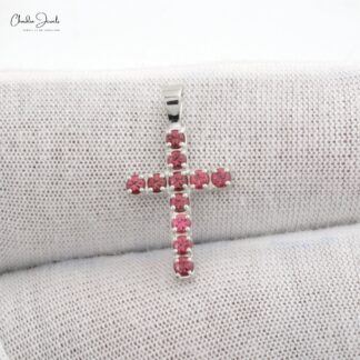 AAA Pink Tourmaline Cross Pendant With 0.55 Ct Gemstone Pave Set In 14k White Gold Jewelry