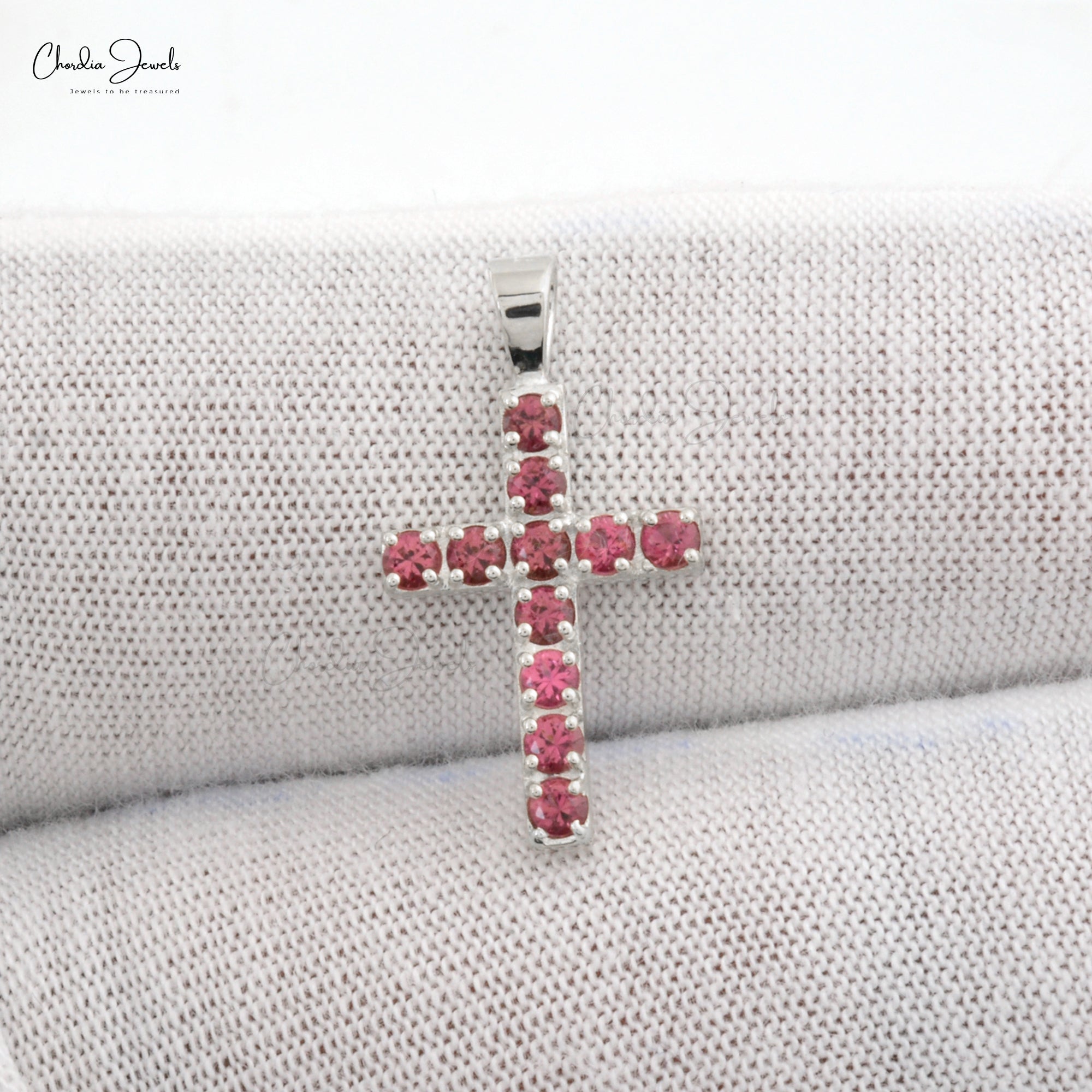 AAA Pink Tourmaline Cross Pendant With 0.55 Ct Gemstone Pave Set In 14k White Gold Jewelry