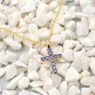 Round Cut Religious Locket In Real 14k Yellow Gold Tanzanite 2mm Gemstone Cross Pendant