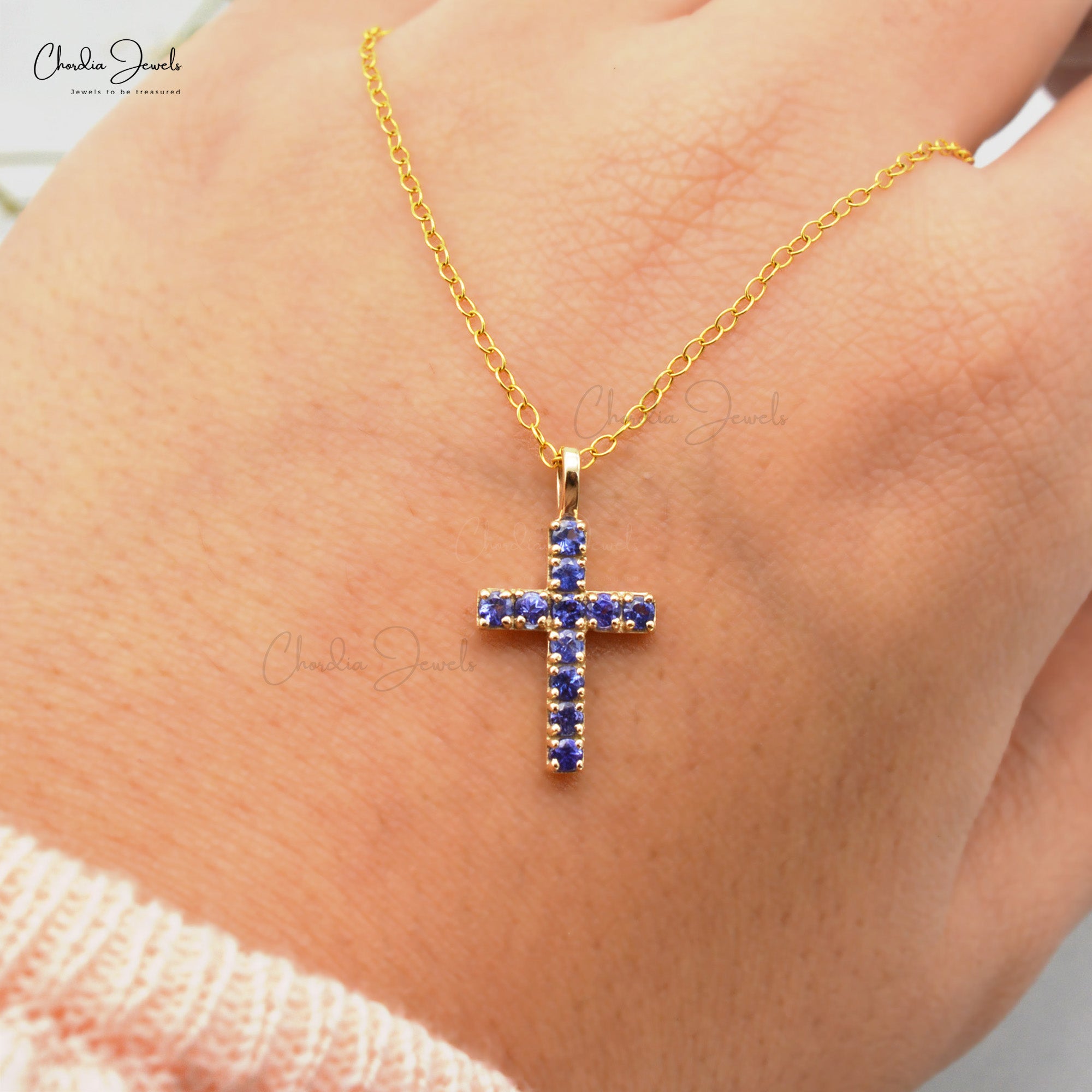 Round Cut Religious Locket In Real 14k Yellow Gold Tanzanite 2mm Gemstone Cross Pendant