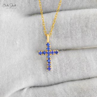 Round Cut Religious Locket In Real 14k Yellow Gold Tanzanite 2mm Gemstone Cross Pendant