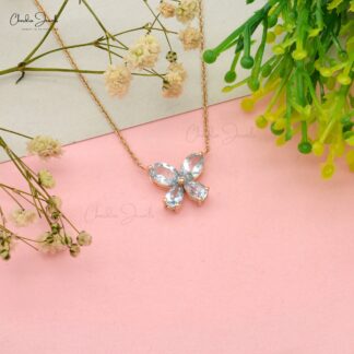 Natural Aquamarine 4 Stone Necklace In 14k Solid Rose Gold March Birthstone Fine Jewelry