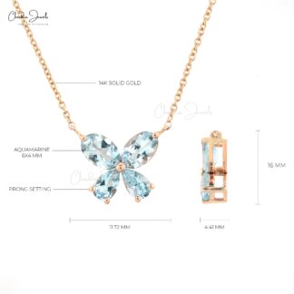 Natural Aquamarine 4 Stone Necklace In 14k Solid Rose Gold March Birthstone Fine Jewelry