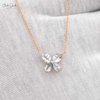 Natural Aquamarine 4 Stone Necklace In 14k Solid Rose Gold March Birthstone Fine Jewelry
