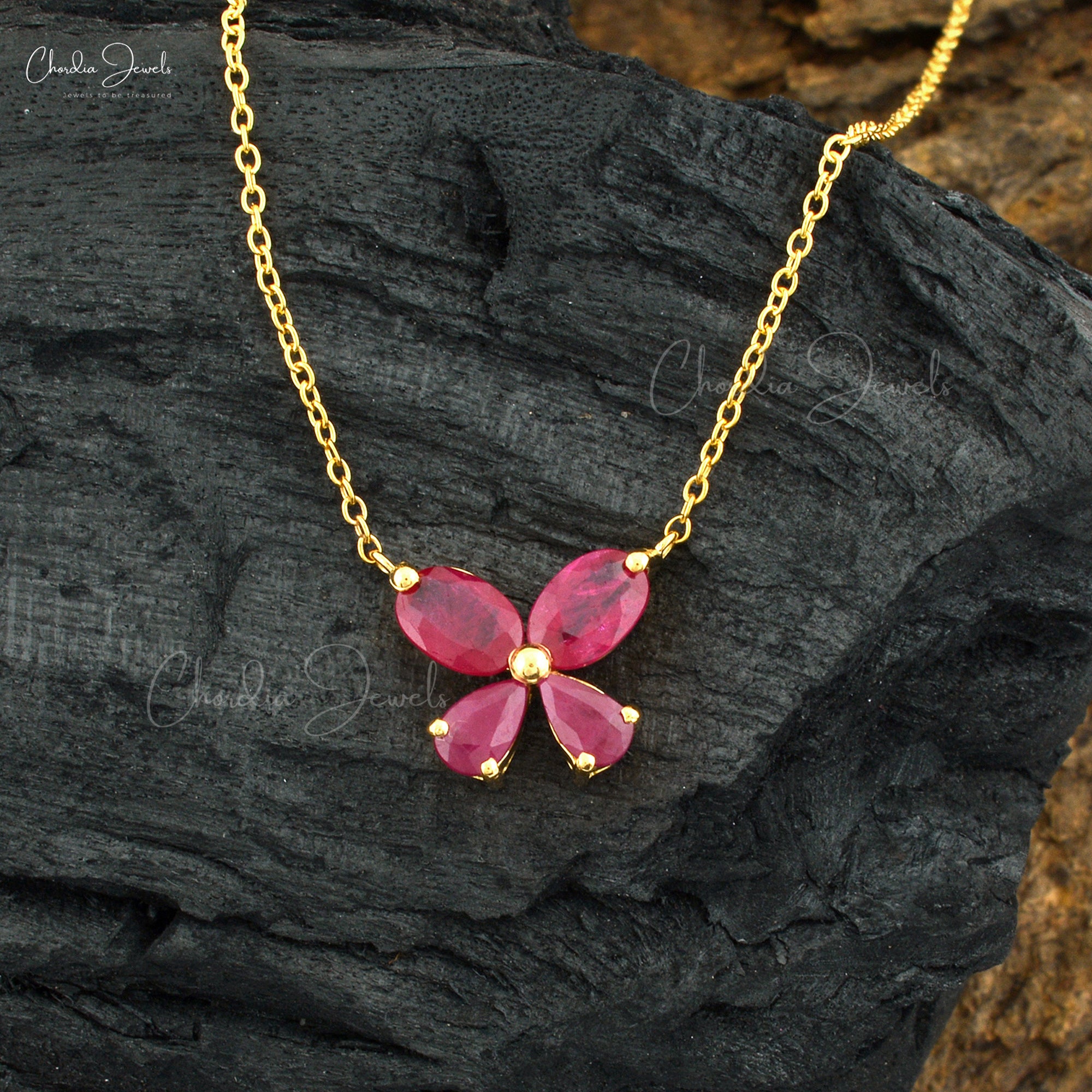 Double Shape Stone Charm In 14k Yellow Gold Burma Ruby 1.24 Ct Gemstone Butterfly Necklace