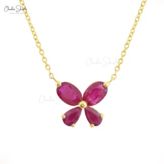 Double Shape Stone Charm In 14k Yellow Gold Burma Ruby 1.24 Ct Gemstone Butterfly Necklace