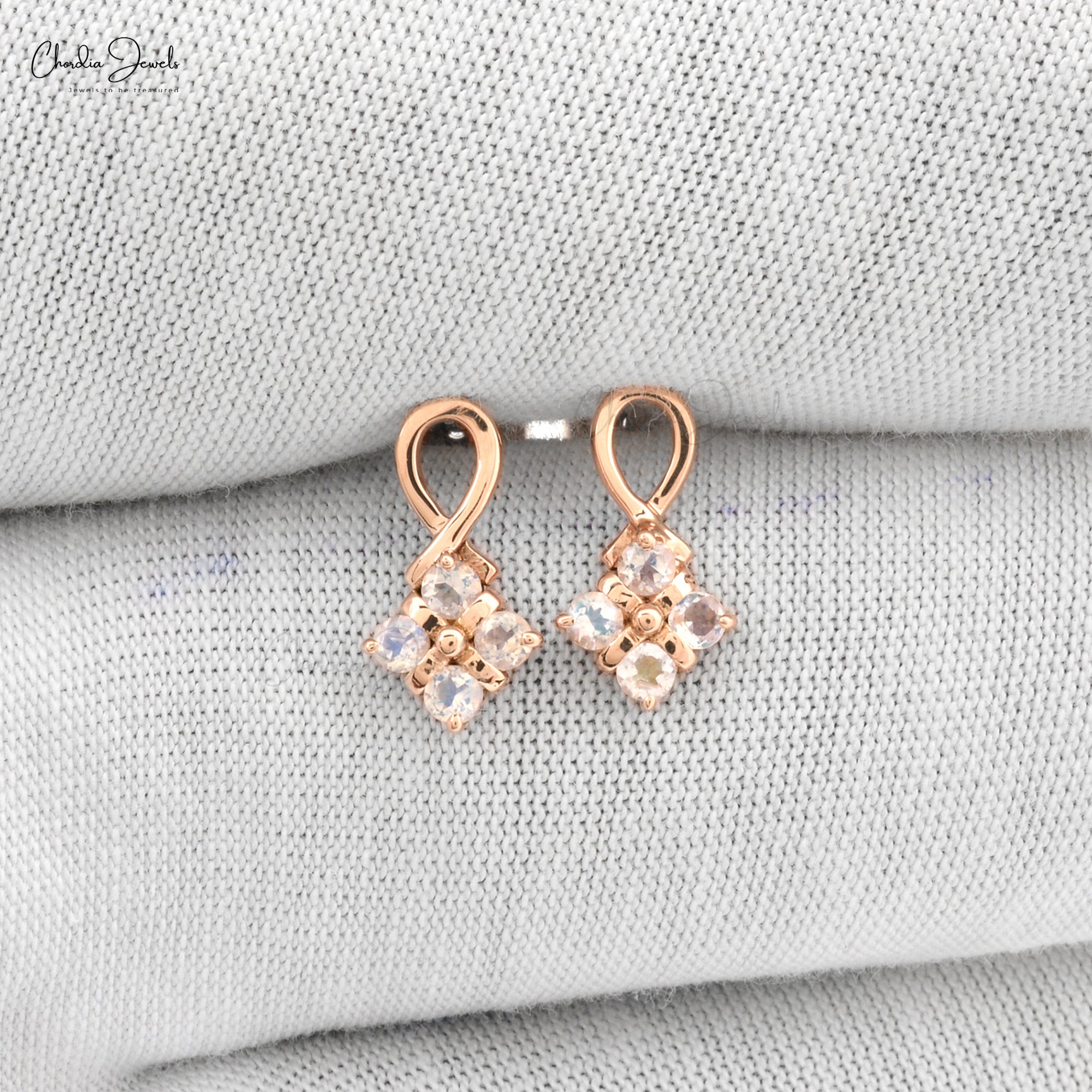 Natural Rainbow Moonstone Cluster Earrings 2mm Round Cut Gemstone 14k Solid Rose Gold Dainty Earrings For Her