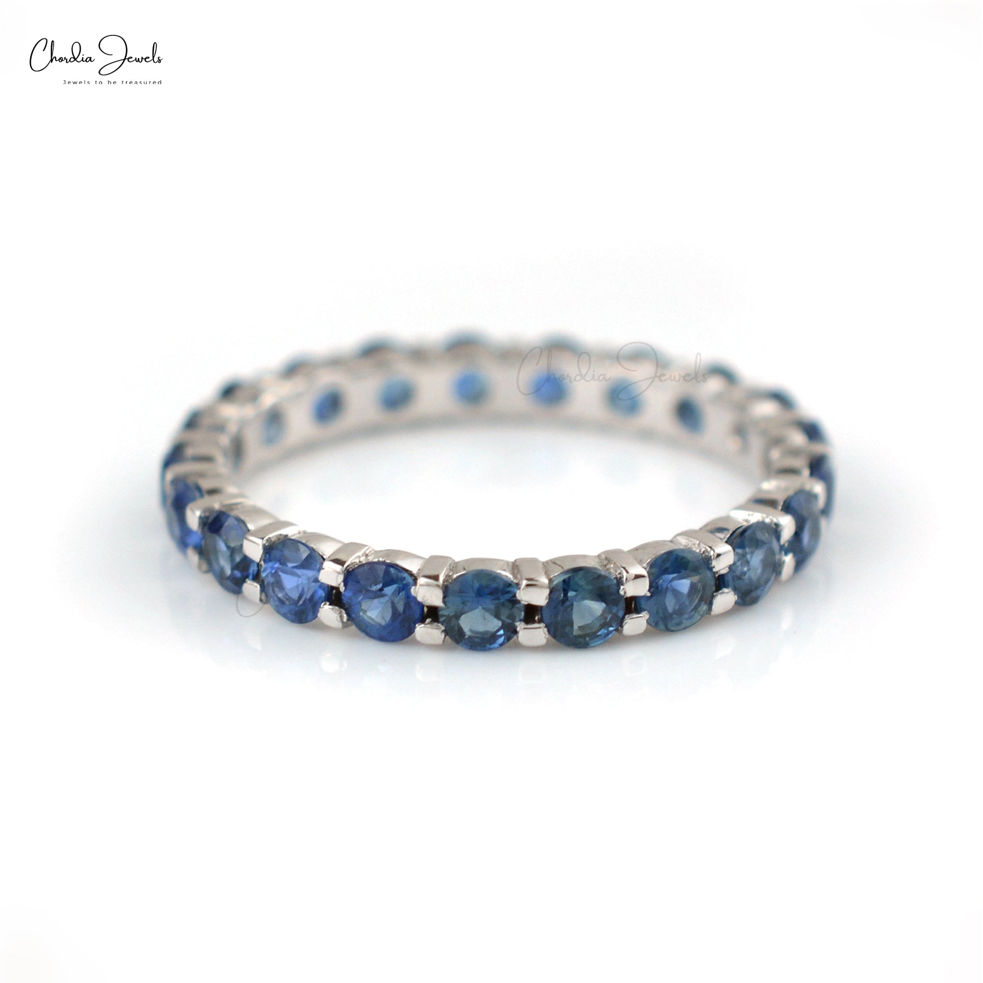 Stacking Gemstone Ring In 14k Pure White Gold Blue Sapphire Full Eternity Band Rings